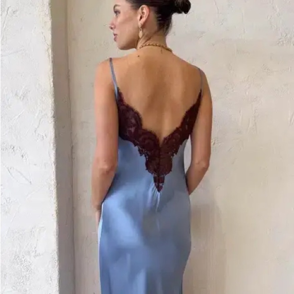 SIR the label Blue Satin Slip Dress with Brown Lace Trim - Picture 5 of 12